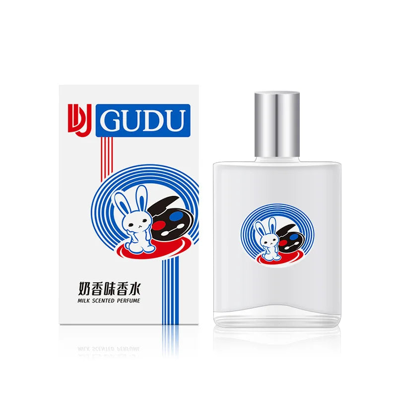 Parfum Gudu senteur lait — coffret et flacon blanc au lapin
