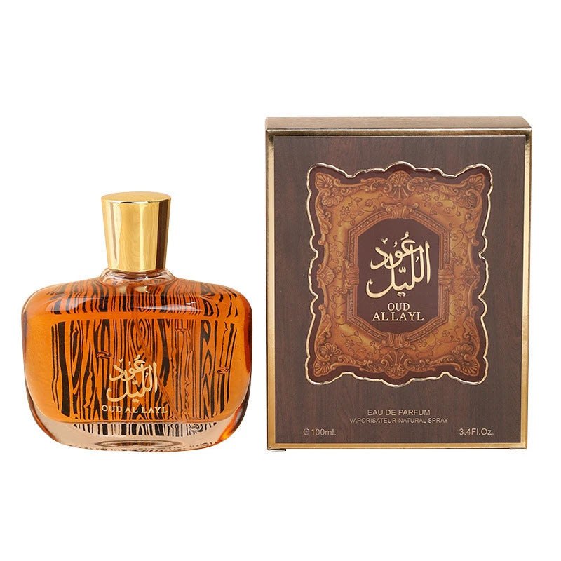 Eau de parfum Oud Al Layl — flacon ambré à motif boisé et coffret orné