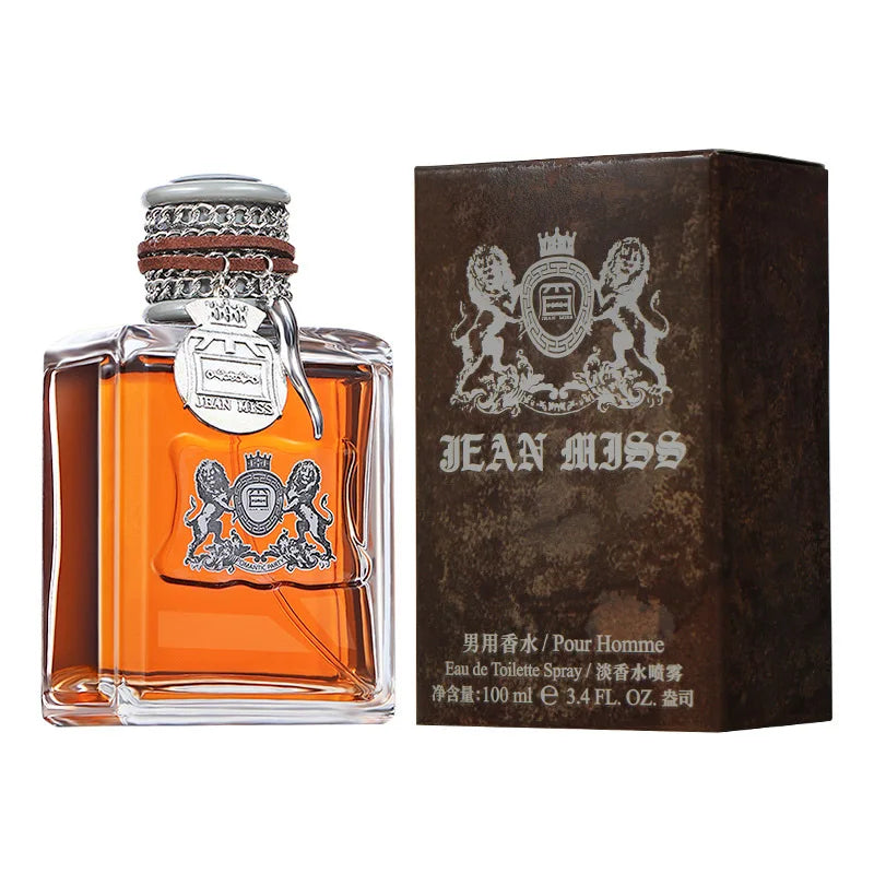 Flacon de parfum ambré Jean Miss avec coffret marron à blason lion