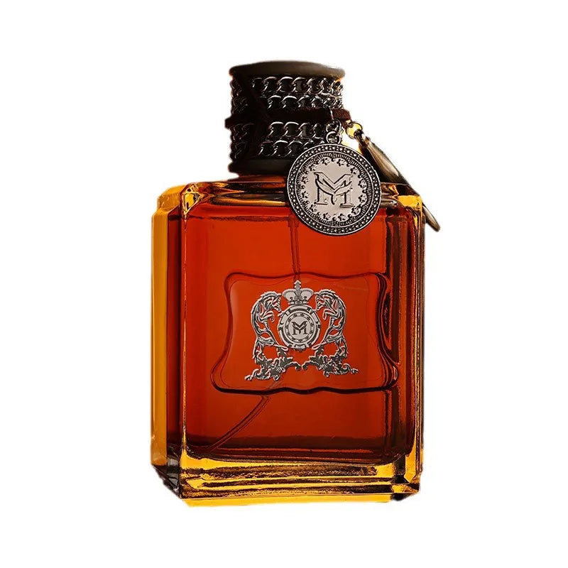 Flacon de parfum ambré Jean Miss à blason lion sur fond blanc
