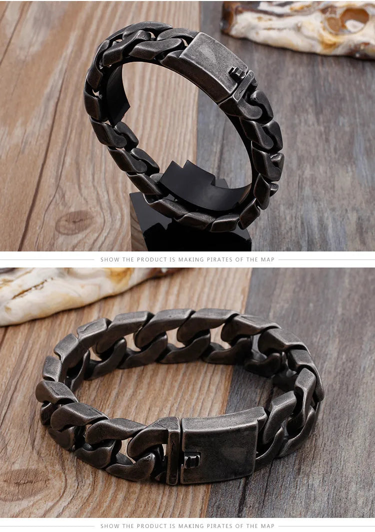 Bracelet cubain noir massif en acier inoxydable — vue d'ensemble et fermoir