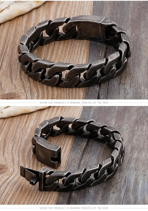 Bracelet cubain noir massif en acier inoxydable — détail des maillons