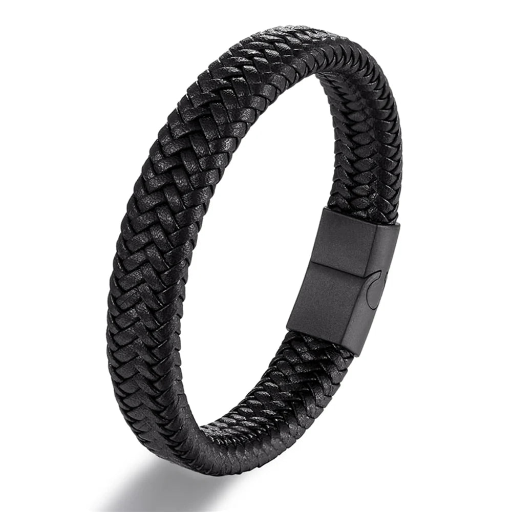 Bracelet en cuir tressé noir avec fermoir magnétique en acier